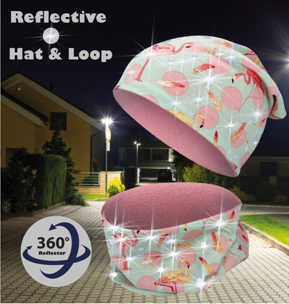 Kindermuts en colsjaal - 360°-reflector - fleece - flamingo